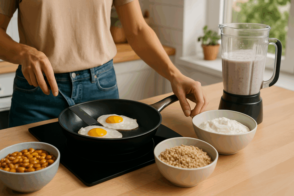 Person cooking eggs, quinoa, beans, Greek yogurt, and smoothie in a bright kitchen showcasing High Protein Benefits.