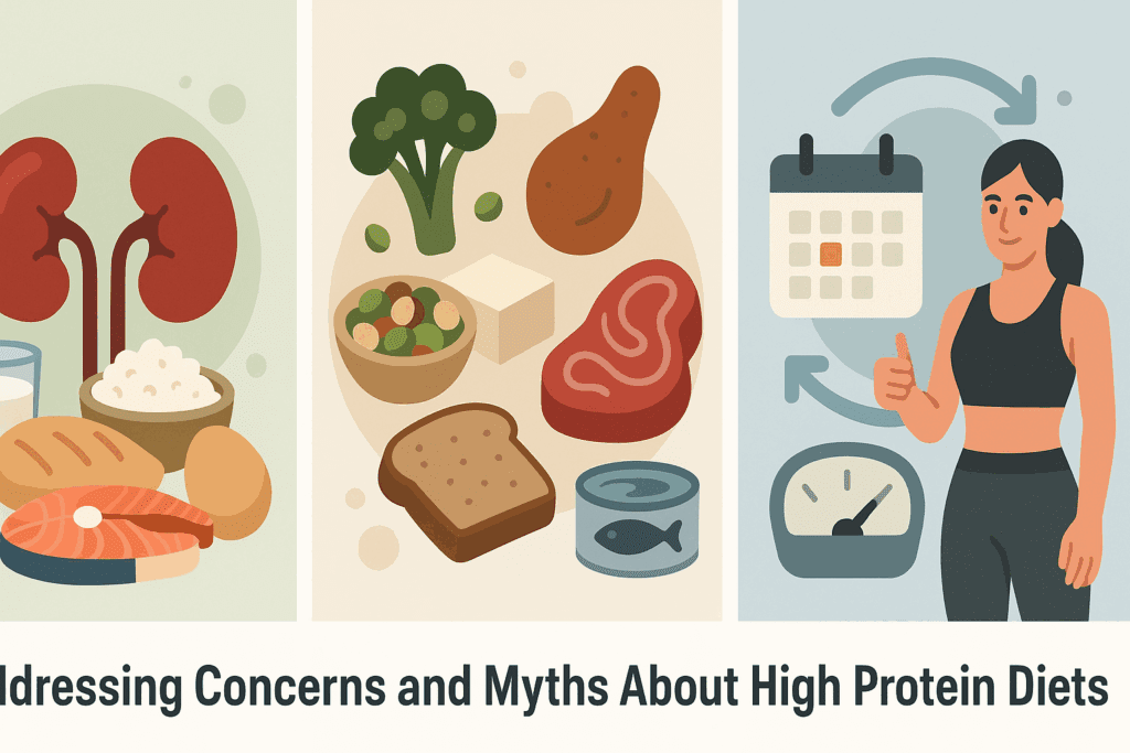 Infographic showing High Protein Benefits for kidney health, diverse protein sources, and sustainable weight management.