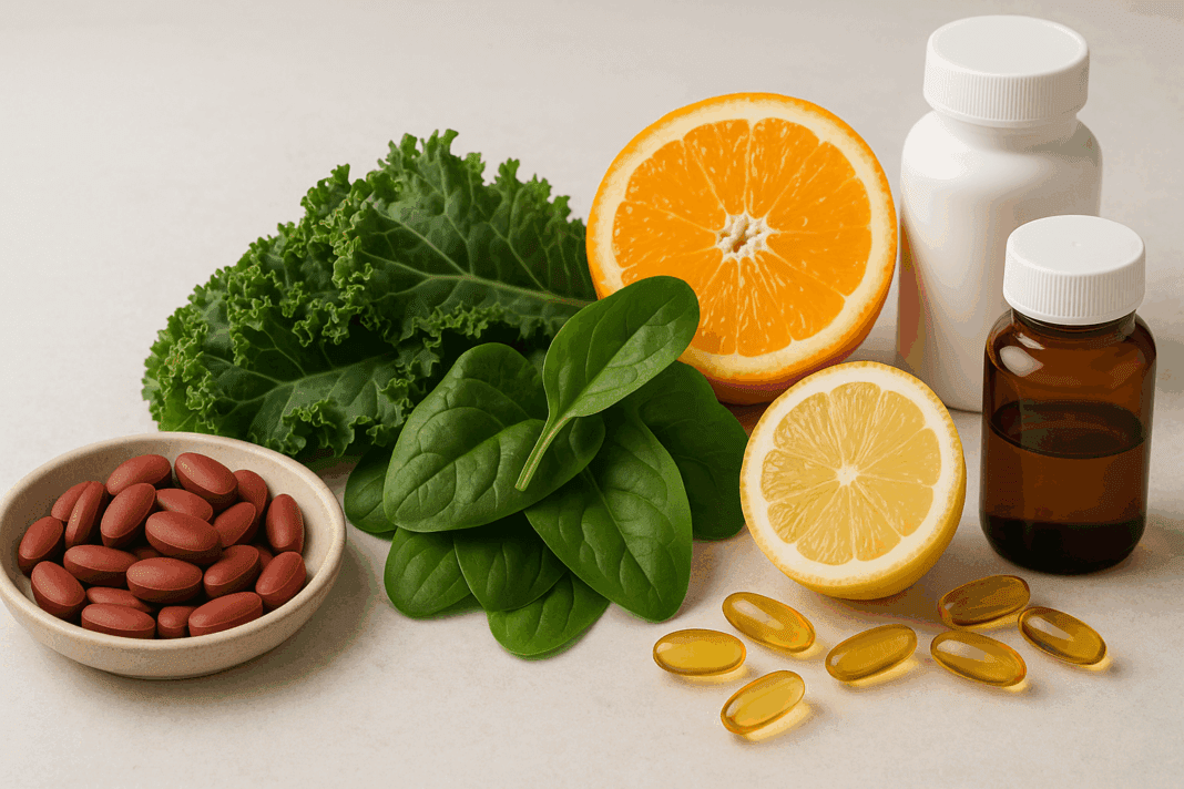 Best Vitamins for Anemia and Iron Deficiency including iron pills, leafy greens, citrus fruits, and supplement bottles on a wellness-themed background