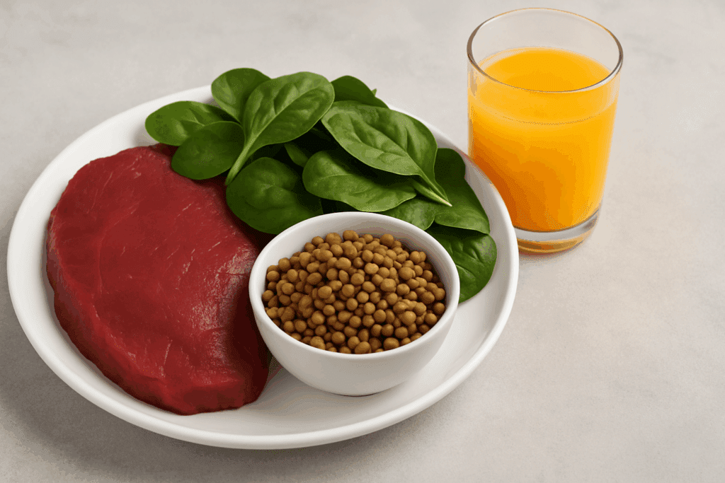 Plate with red meat, spinach, and lentils beside a glass of orange juice, illustrating dietary sources in the best vitamins for anemia and iron deficiency.