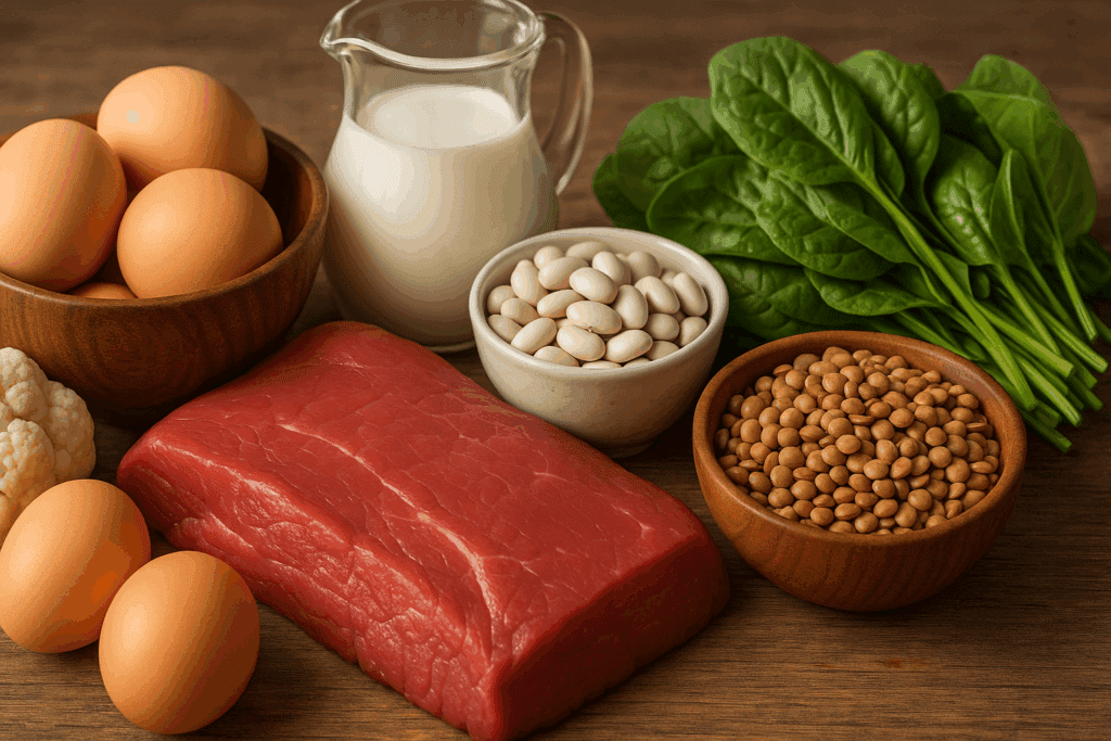 Eggs, milk, red meat, spinach, beans, and lentils on a wooden surface showing dietary sources of the Best Vitamins for Anemia and Iron Deficiency.