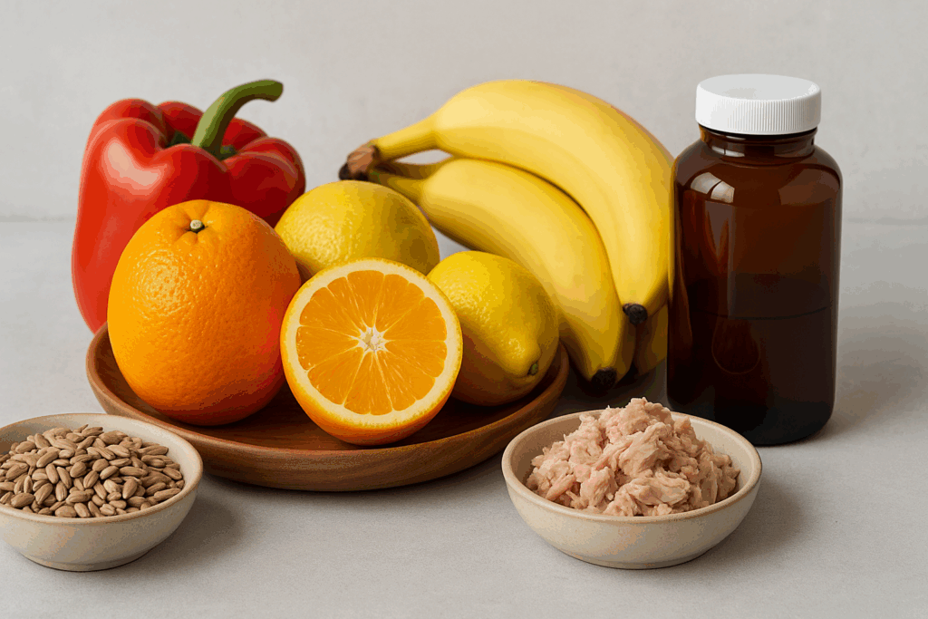 Table display of foods rich in the best vitamins for anemia and iron deficiency, including oranges, bell peppers, bananas, tuna, sunflower seeds, and a supplement bottle