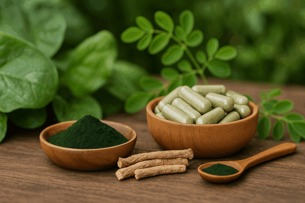 Spirulina powder, moringa capsules, and ashwagandha root on a wooden table with fresh greens, illustrating the best vitamins for anemia and iron deficiency.