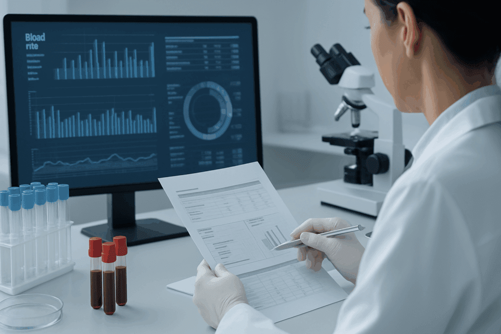 Doctor analyzing blood test results on a screen and paper chart in a clinical lab to determine the best vitamins for anemia and iron deficiency.