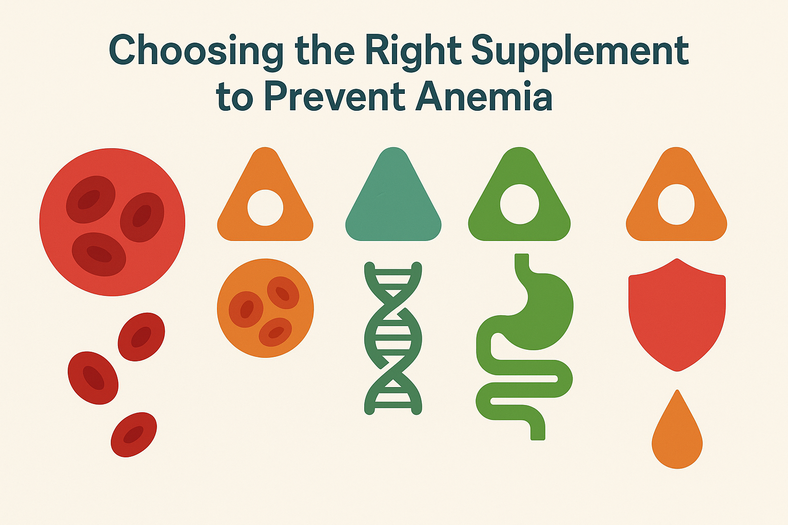 Infographic comparing the best vitamins for anemia and iron deficiency using icons for iron, B12, folate, vitamin C, and B6 with visuals of red blood cells, DNA, digestion, and immunity.