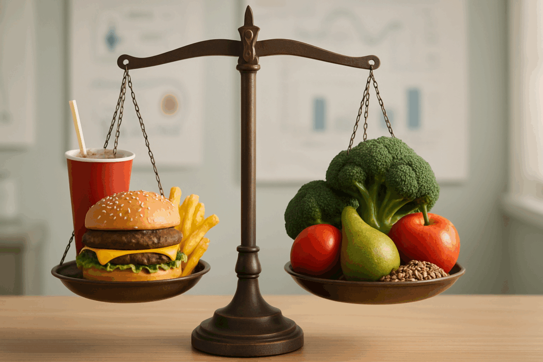 Balanced scale comparing fast food and whole foods in a nutritionist's office, symbolizing the debate: Do Calories Make You Fat