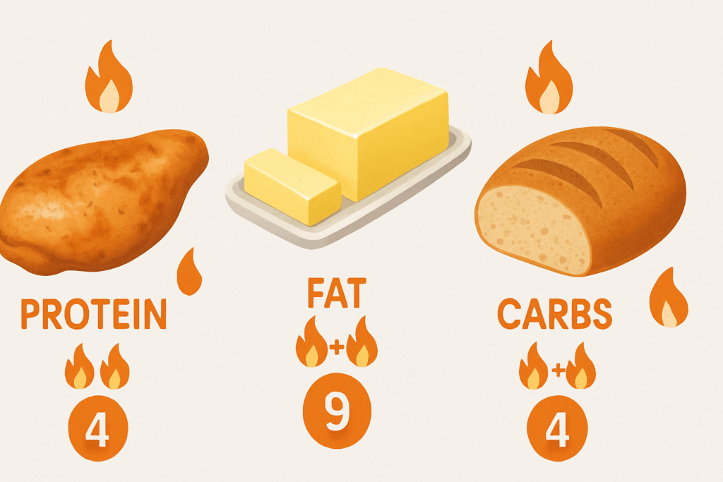 Visual breakdown of how macronutrients like chicken, butter, and bread convert into calories, answering the question: Do Calories Make You Fat
