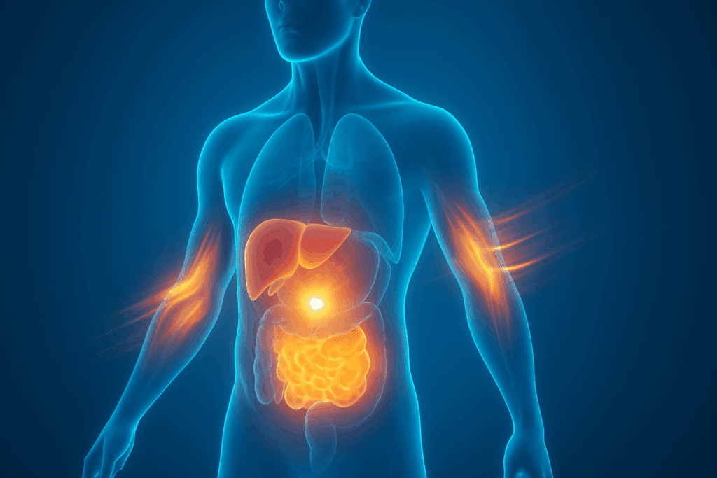 Stylized visualization of human metabolism with highlighted organs and glowing energy flow, illustrating how calorie burning relates to the question: Do Calories Make You Fat