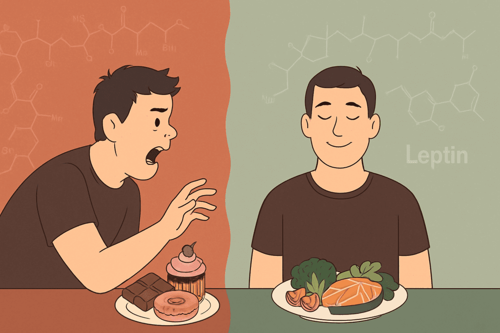 Split illustration showing effects of ghrelin and leptin hormones on hunger to explore the question: Do Calories Make You Fat.