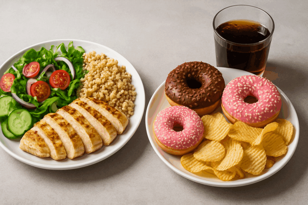 Two plates comparing whole foods and processed foods, illustrating the question: Do Calories Make You Fat