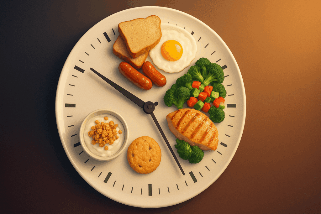Plate with breakfast, lunch, and snack foods arranged on a clock face to illustrate meal timing and answer: Do Calories Make You Fat