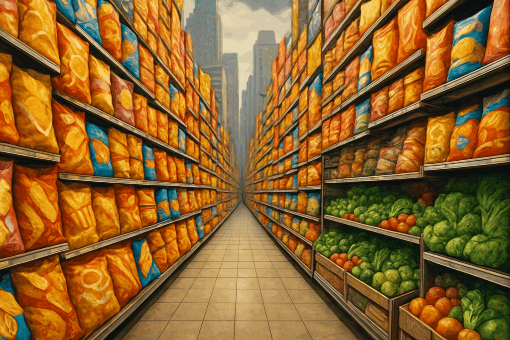 Supermarket aisle filled with brightly packaged junk food, with a small section of fresh produce, illustrating how modern choices challenge the question: Do Calories Make You Fat