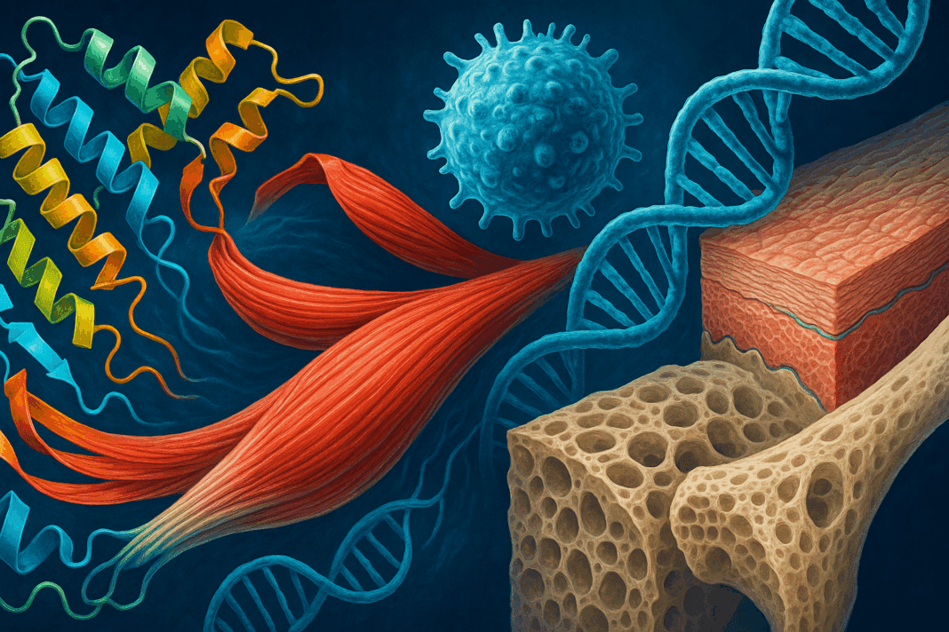 Conceptual illustration showing the roles of proteins in the body, blending molecular structures with muscles, immune cells, DNA, skin, and bone.