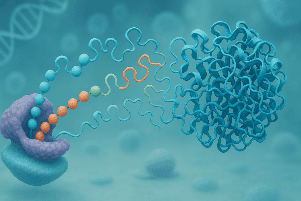 Protein molecule folding into a 3D structure from an amino acid chain, illustrating roles of proteins in the body