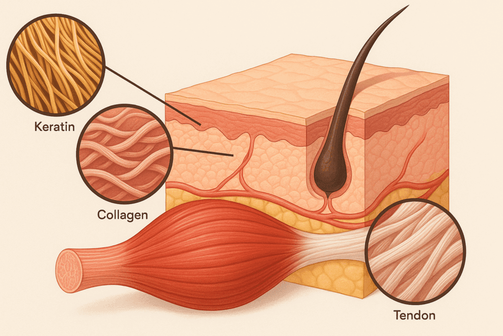 Cross-sectional anatomical illustration showing the roles of proteins in the body through layers of skin, muscle, hair, and tendon with magnified views of collagen, keratin, and connective tissues