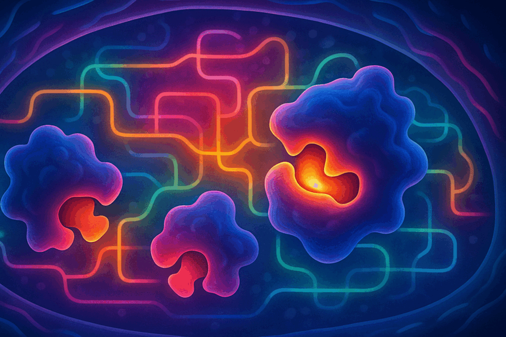 Abstract cellular illustration showing the roles of proteins in the body, with enzymes binding to substrates and glowing pathways indicating biochemical activity.