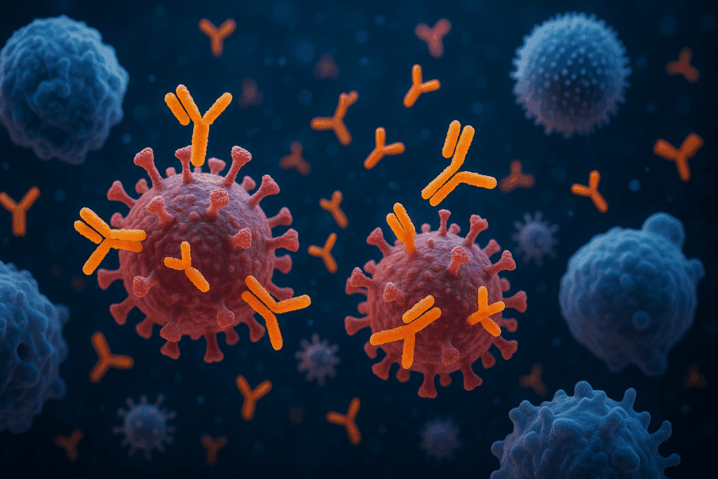 Antibodies attaching to viruses amid immune cells, illustrating the roles of proteins in the body’s immune defense system.