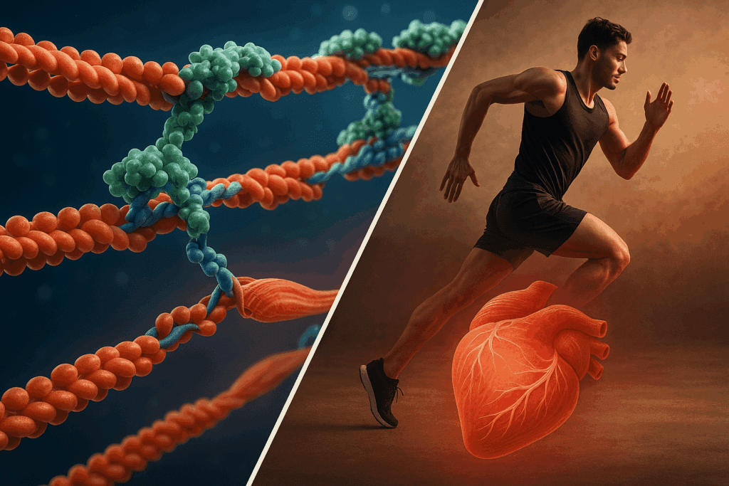 Split-view showing the roles of proteins in the body with actin-myosin interaction at molecular level and athlete running to illustrate muscle function.