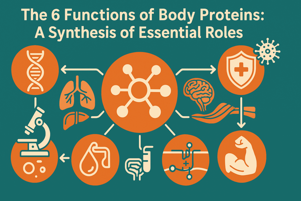 Infographic diagram showing six key roles of proteins in the body with icons for structure, enzymes, transport, immunity, signaling, and movement