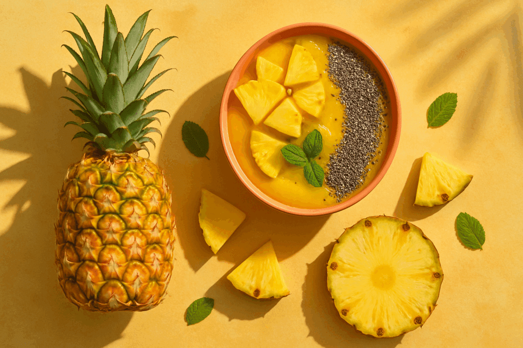 Smoothie bowl with chia seeds, mint, and fresh pineapple slices next to a whole pineapple on a sunny counter, highlighting pineapple for weight loss.