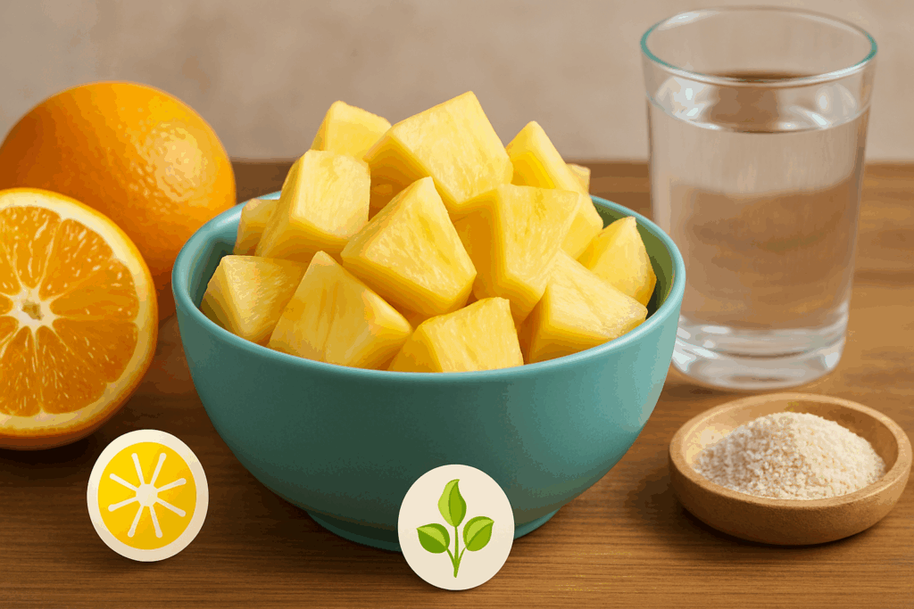 Bowl of fresh pineapple chunks with orange, fiber powder, and water glass symbolizing nutrients in pineapple for weight loss