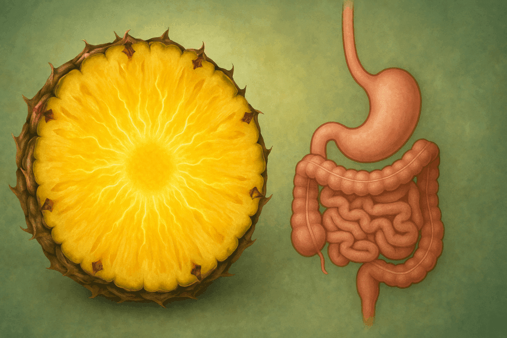 Cross-section of a glowing pineapple slice symbolizing bromelain activity beside a stylized digestive system, illustrating the role of pineapple for weight loss.