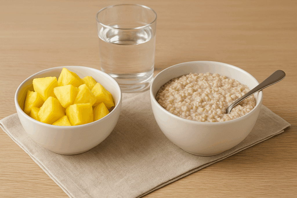 Balanced breakfast with pineapple for weight loss, featuring a bowl of pineapple chunks, oatmeal, and a glass of water on a wooden table