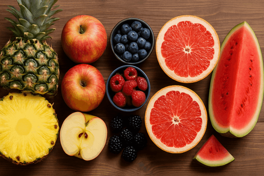 Fresh pineapple for weight loss displayed with sliced apples, berries, grapefruit, and watermelon on a wooden table for fruit comparison.