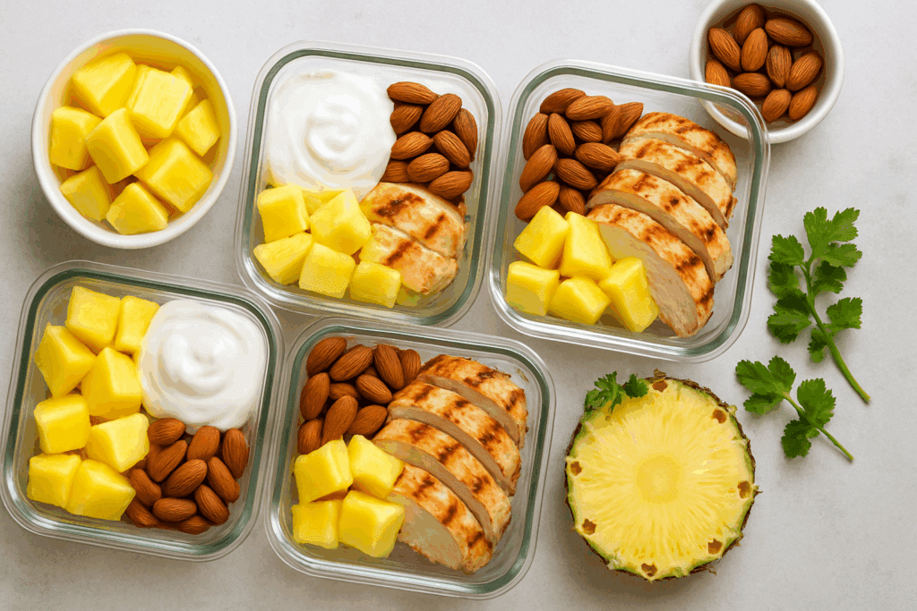 Meal prep containers featuring pineapple for weight loss, paired with Greek yogurt, almonds, and grilled chicken for balanced nutrition.