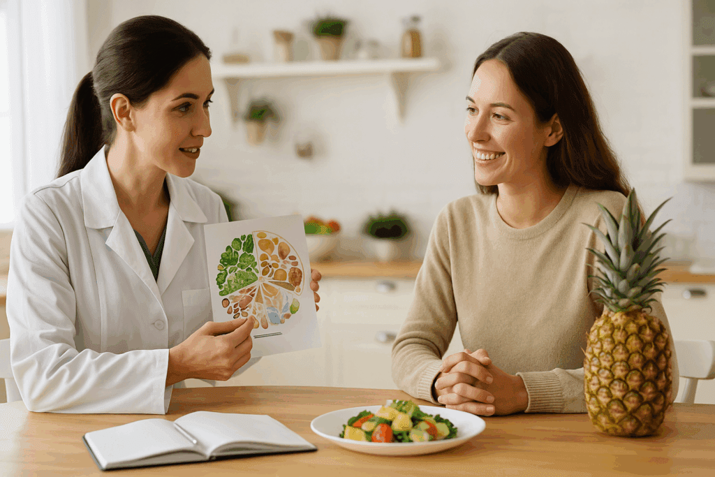 Dietitian showing a food chart to a smiling woman during a consultation about using pineapple for weight loss in a healthy meal plan.