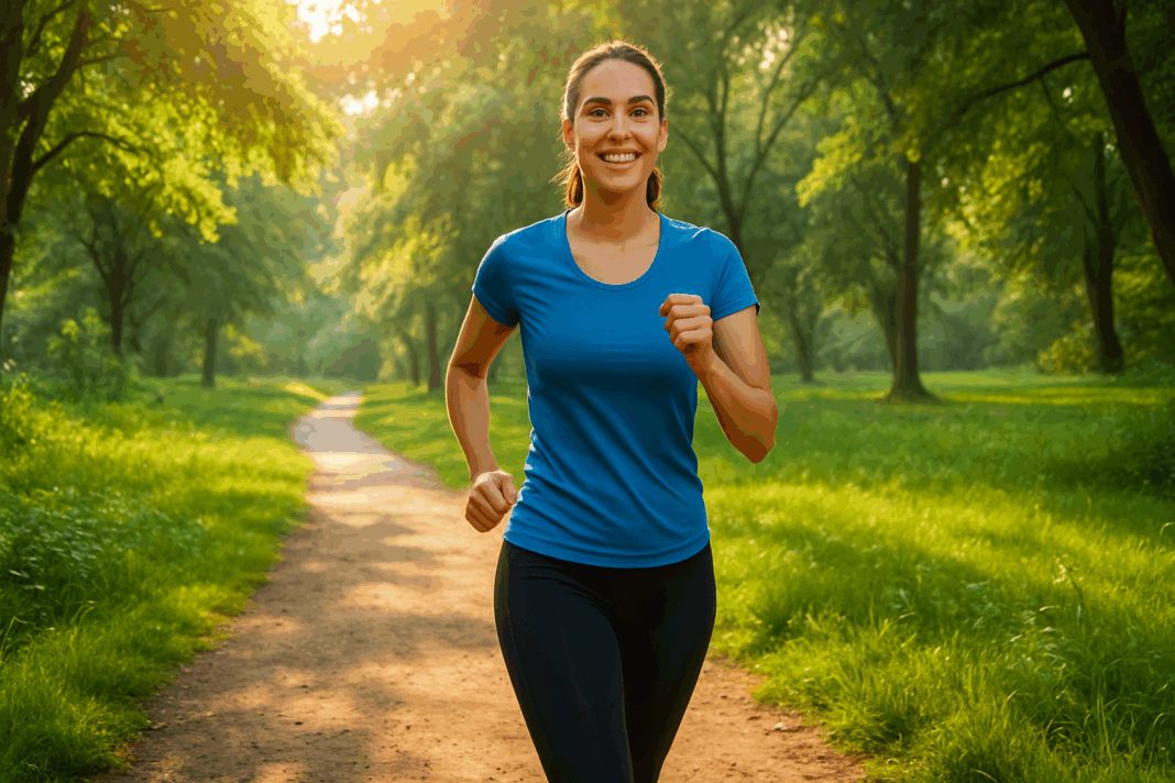 Fit young woman jogging confidently through a sunlit park, symbolizing empowerment and the quickest way to lose 20 pounds through healthy lifestyle changes.