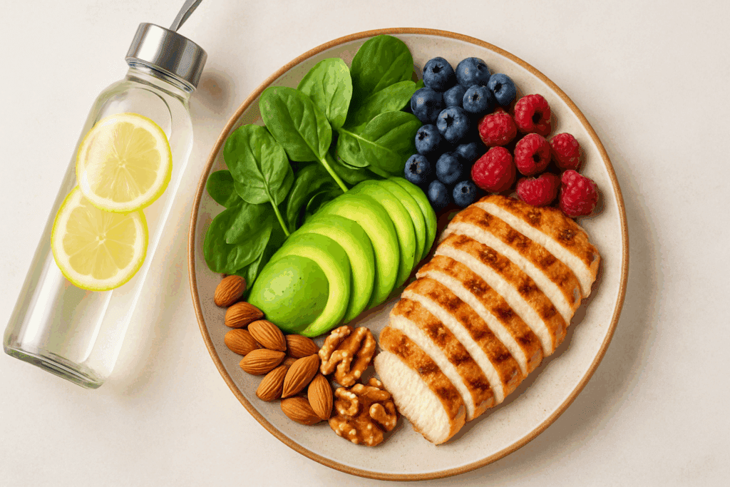 Balanced meal with grilled chicken, avocado, berries, and lemon water highlighting the quickest way to lose 20 pounds.