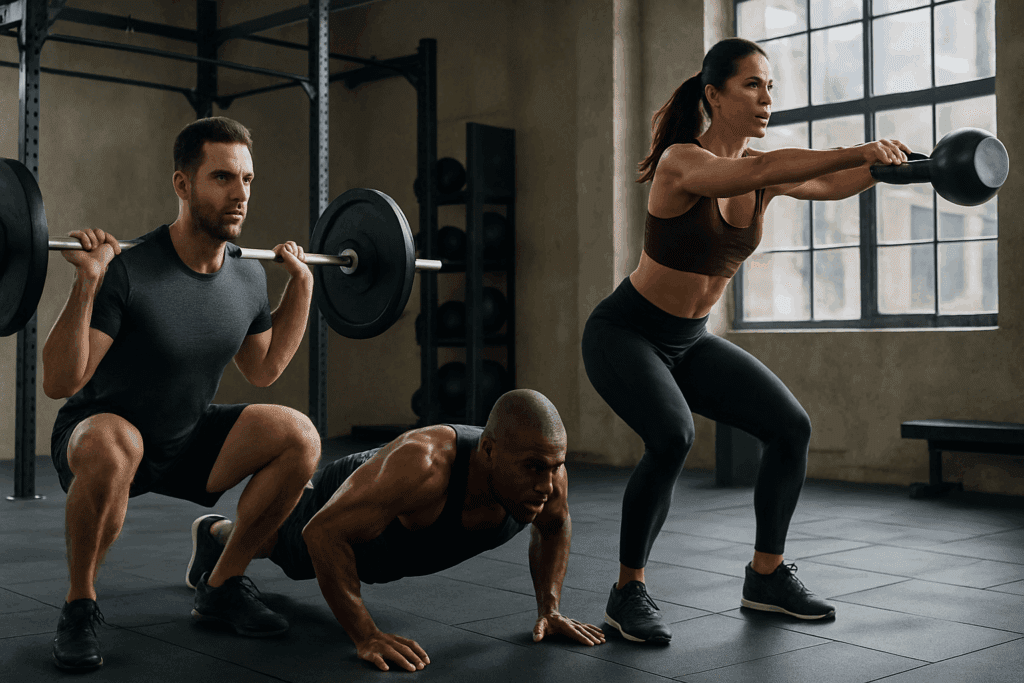 Man and woman doing squats, pushups, and kettlebell swings in a gym, showing the quickest way to lose 20 pounds through high-intensity training.