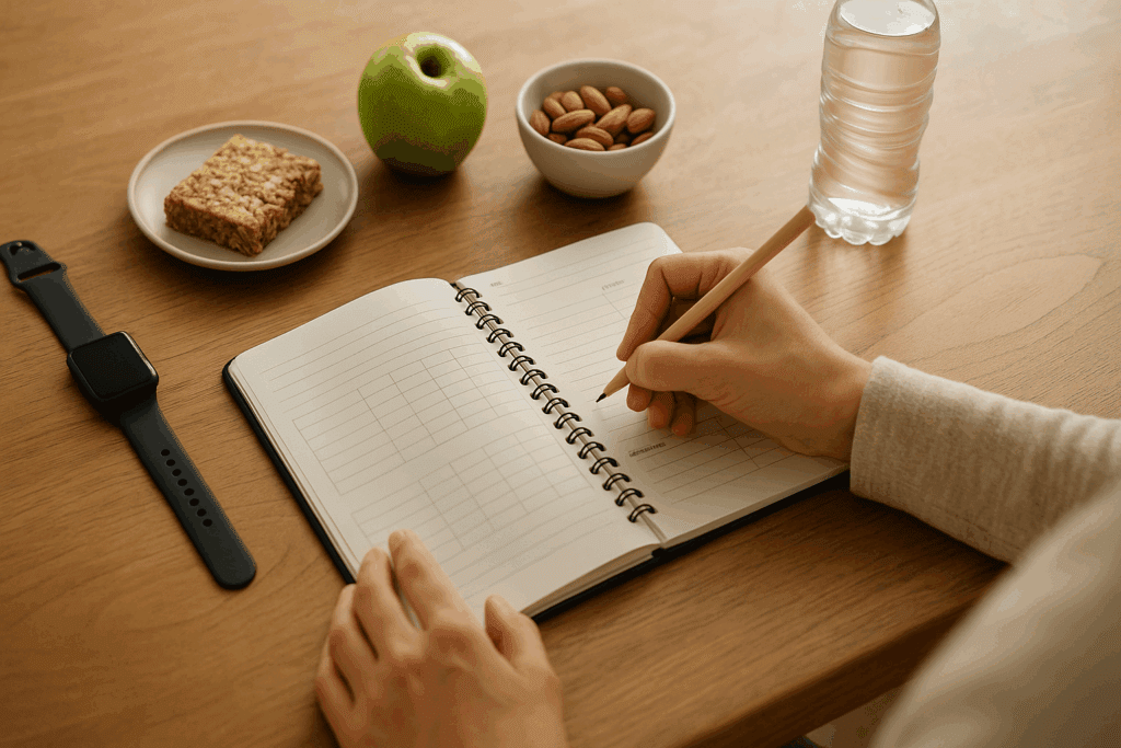 Person tracking meals and workouts in a journal with healthy snacks and water nearby, illustrating the quickest way to lose 20 pounds through habit tracking.
