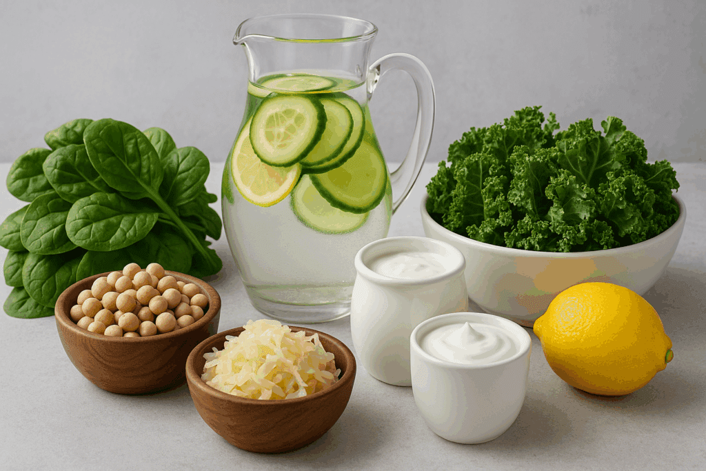 Fermented foods, leafy greens, legumes, and infused water arranged on a table—nourishing choices supporting the quickest way to lose 20 pounds.