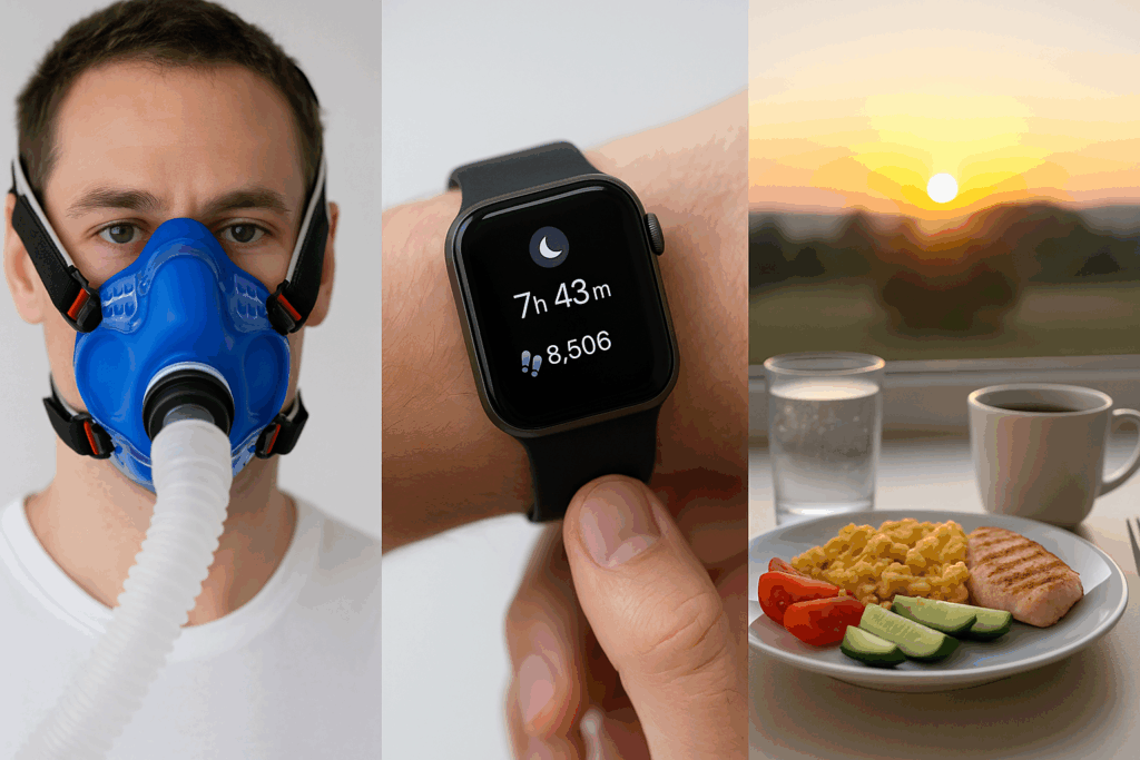 Split-scene showing the Quickest Way to Lose 20 Pounds with a VO2 max test, smartwatch sleep tracking, and a healthy sunrise breakfast.