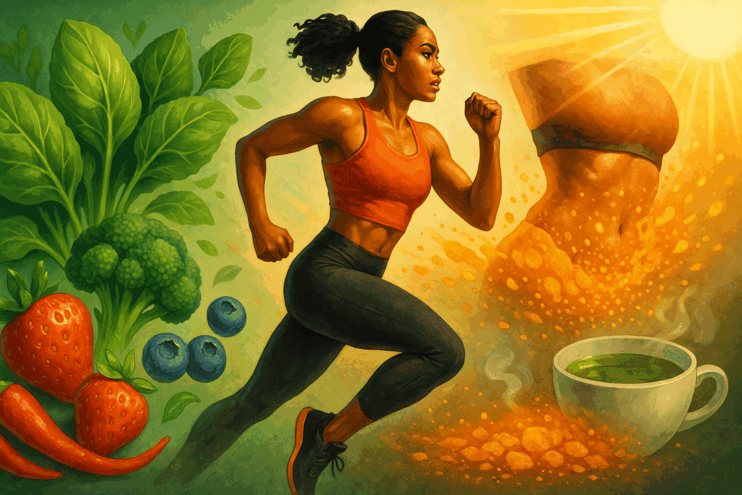 Athletic woman running surrounded by leafy greens, berries, chili peppers, green tea, and sunlight, symbolizing the Best Fat Burner for Belly Fat through natural energy and transformation.