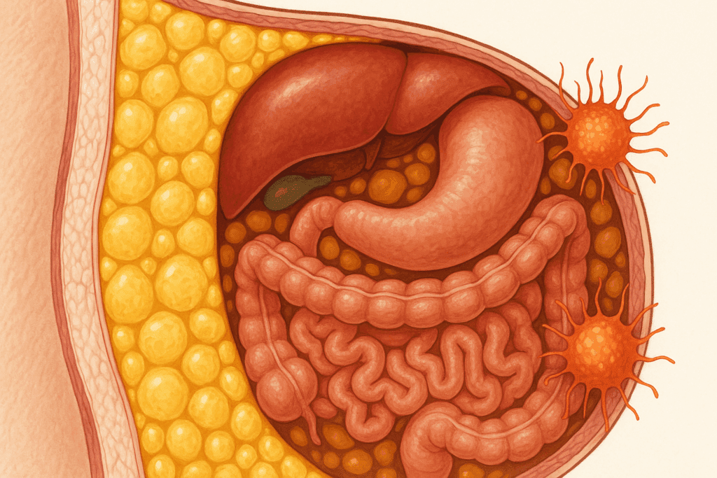 Cross-sectional illustration of subcutaneous and visceral fat layers around abdominal organs, showing inflammation risks—best fat burner for belly fat concept.