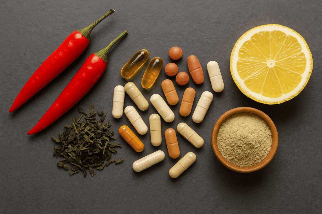 Best Fat Burner for Belly Fat comparison showing supplement capsules and powders next to natural fat-burning foods like chili peppers, green tea, and lemon