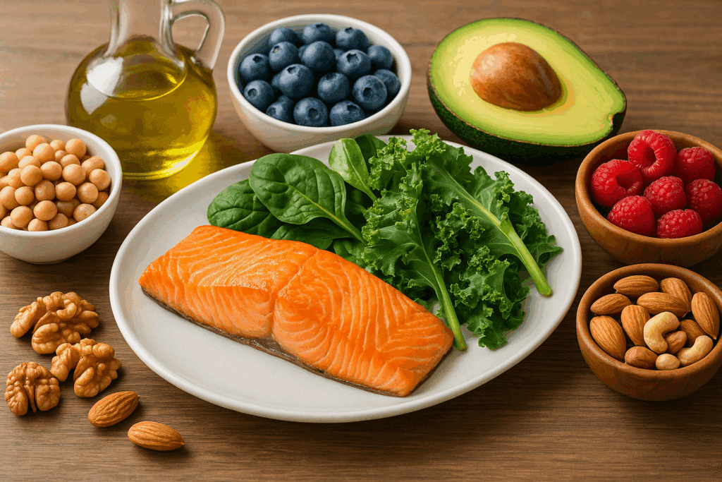 Mediterranean meal with salmon, leafy greens, avocado, nuts, legumes, and olive oil—ingredients linked to the best fat burner for belly fat.