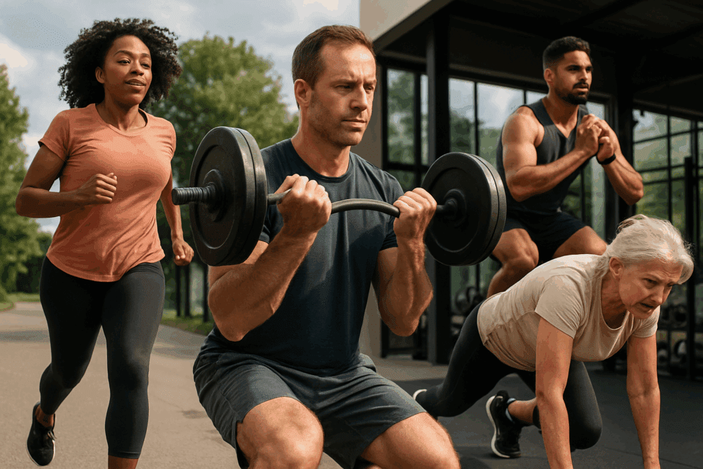 Diverse group of adults performing jogging, strength training, and HIIT in a gym setting, showcasing the best fat burner for belly fat through active exercise.