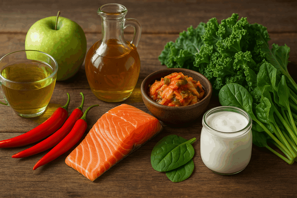 Best Fat Burner for Belly Fat foods like green tea, salmon, chili peppers, kimchi, kefir, leafy greens, and apple cider vinegar arranged on a rustic wooden table.