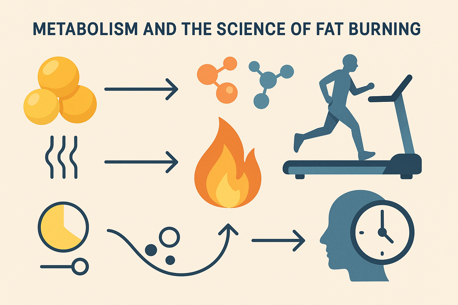 Infographic visualizing fat metabolism with hormone molecules, energy release, and aerobic exercise as the best fat burner for belly fat