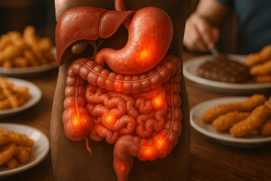 Illustration of the human digestive system showing inflammation in the stomach and intestines, highlighting how fats negatively impact digestion
