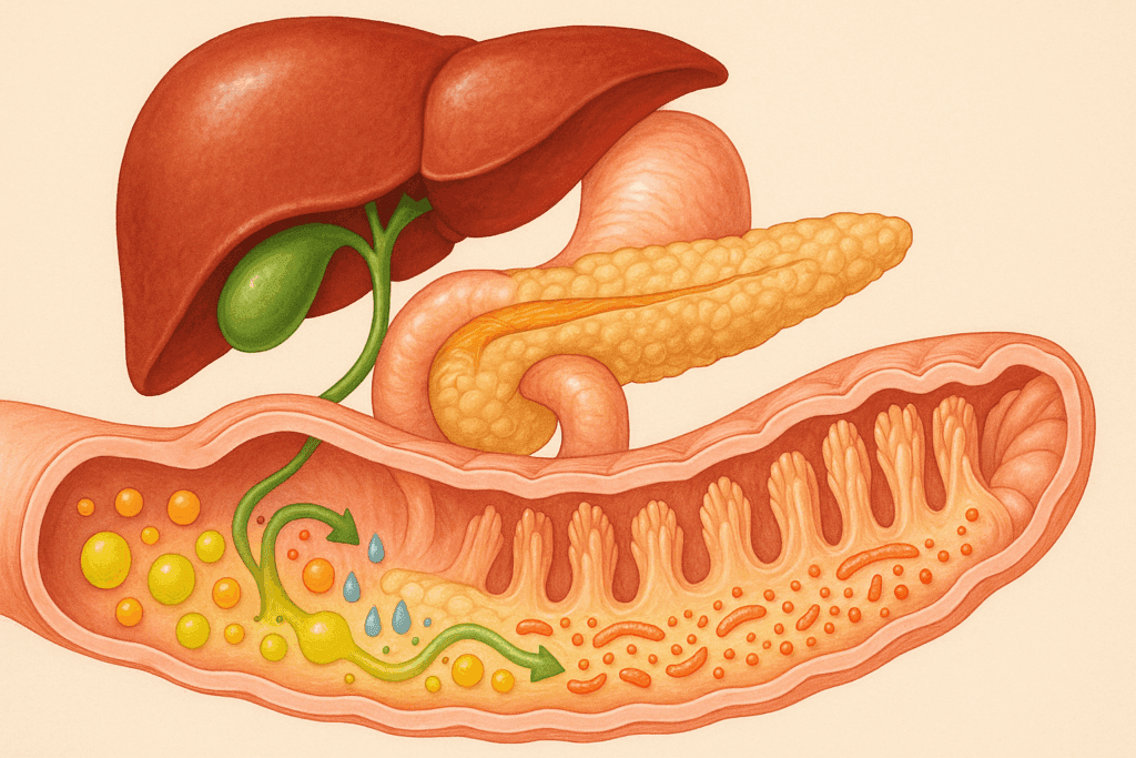 Cutaway of small intestine showing how fats negatively impact digestion, with bile emulsification and enzyme breakdown from liver, gallbladder, and pancreas.