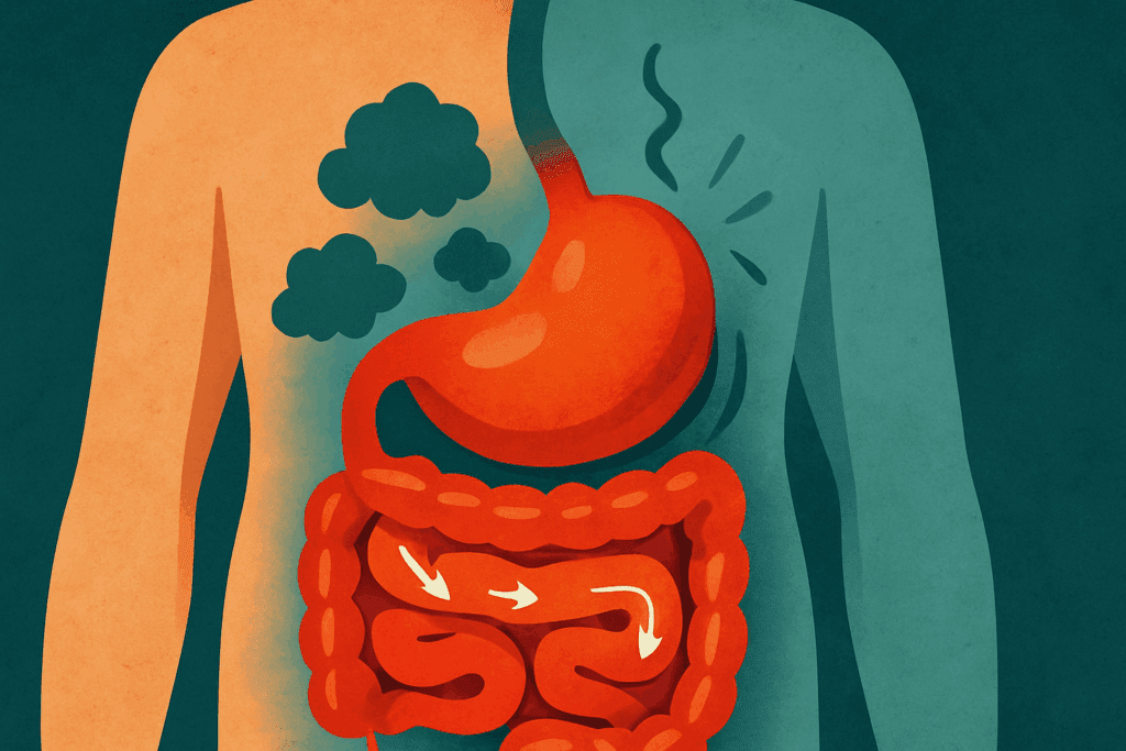 Bloated stomach and slow intestinal movement illustrating how fats negatively impact digestion with gas and nausea symbols.