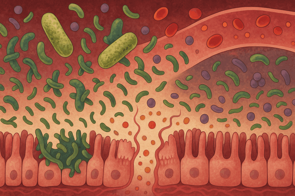 Inflamed intestinal lining with overgrown bacteria and leaky gut showing how fats negatively impact digestion