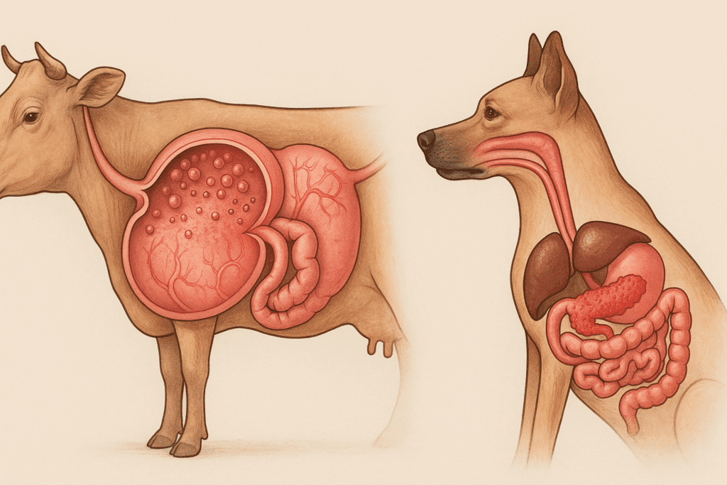 Illustration comparing how fats negatively impact digestion in a cow with rumen fermentation issues and a dog with pancreatitis