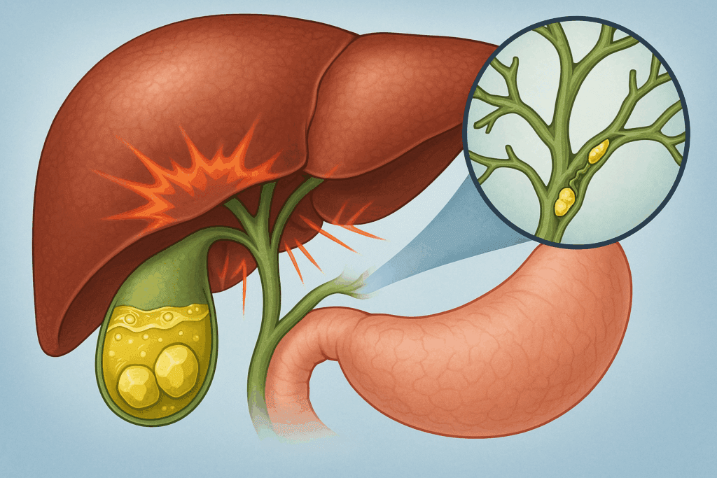 Cross-section of liver and gallbladder showing how fats negatively impact digestion by causing bile overproduction and blockages.