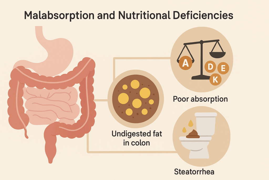 Digestive system infographic showing how fats negatively impact digestion through undigested fat, steatorrhea, and vitamin deficiencies.